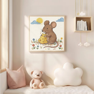 Cute Mouse Eating Cheese Crayon Drawing Kid Poster
