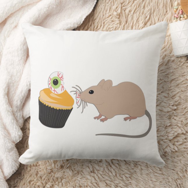 Cute Mouse Eating Halloween Eyeball Cupcake Throw Pillow (Blanket)