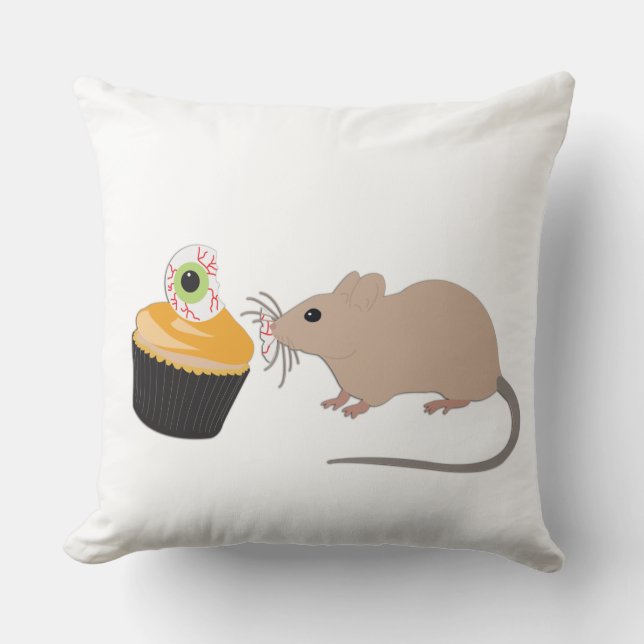 Cute Mouse Eating Halloween Eyeball Cupcake Throw Pillow (Front)