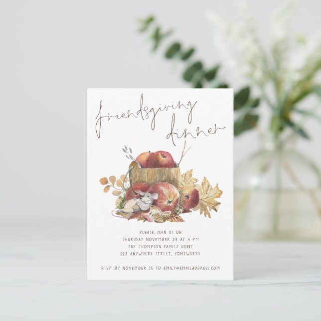 Cute Mouse Friendsgiving Dinner Invite Postcard (Standing Front)