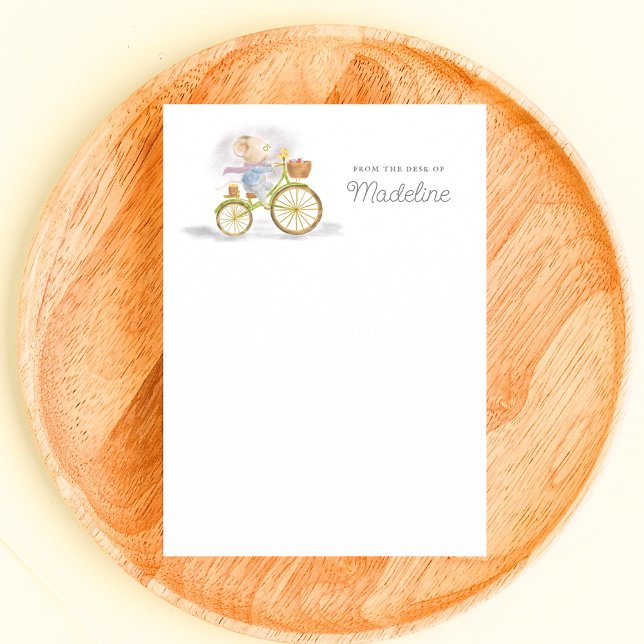 Cute Mouse From Desk of Personalized Stationery Card (Front - Simple Chic Cute Mouse on Vintage Bicycle From the Desk of Personalized Stationery Note Card)