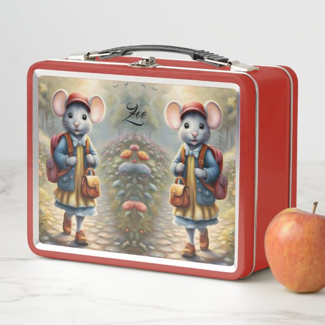 Cute mouse girl on her way to school, custom metal lunch box (In Situ)