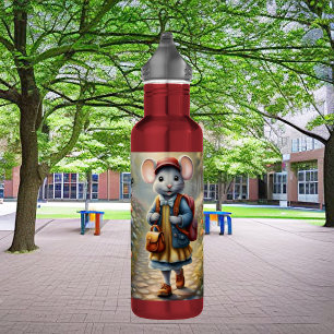Cute mouse girl on her way to school, personalized 710 ml water bottle