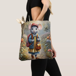 Cute mouse girl on her way to school,personalized tote bag