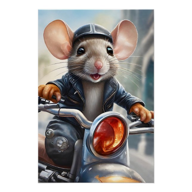 Cute Mouse Helmet and Jacket Riding a Motorcycle  Poster (Front)