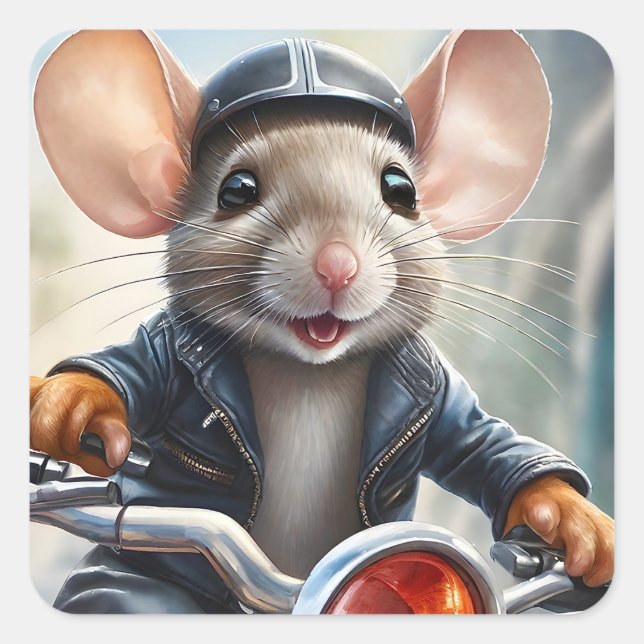 Cute Mouse Helmet and Jacket Riding a Motorcycle  Square Sticker (Front)