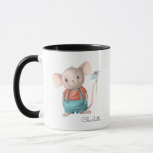 Cute Mouse Holding Flower Personalized Name Mug