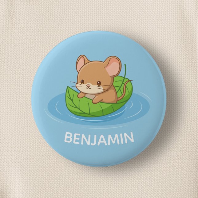 Cute Mouse in a Leaf Boat Blue Custom Name 2 Inch Round Button (Creator Uploaded)