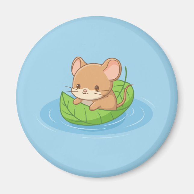 Cute Mouse in a Leaf Boat Blue Magnet (Front)