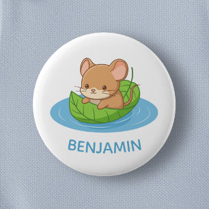 Cute Mouse in a Leaf Boat Custom Name 2 Inch Round Button