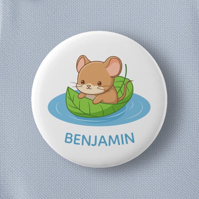 Cute Mouse in a Leaf Boat Custom Name 2 Inch Round Button (Creator Uploaded)