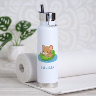 Cute Mouse in a Leaf Boat Custom Name Water Bottle