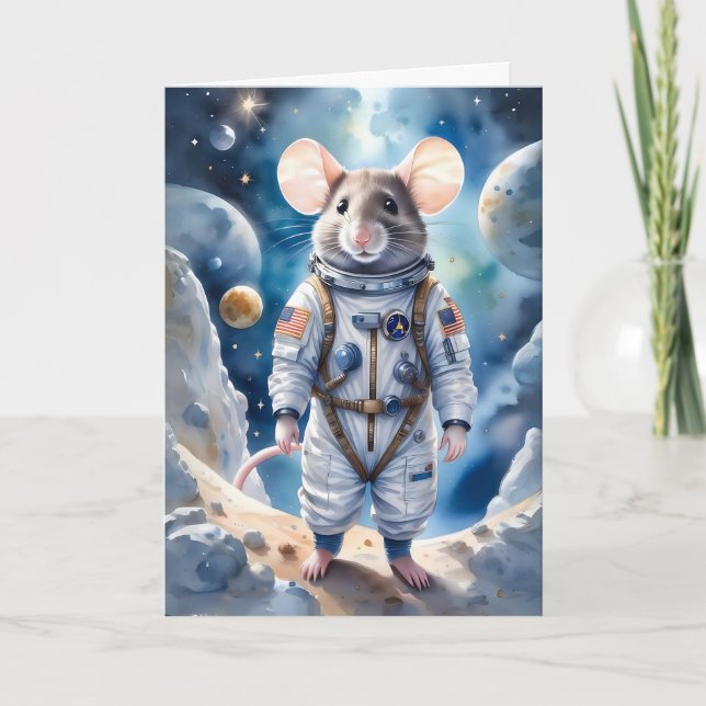Cute Mouse in Astronaut Suit in Outer Space Card (Front)
