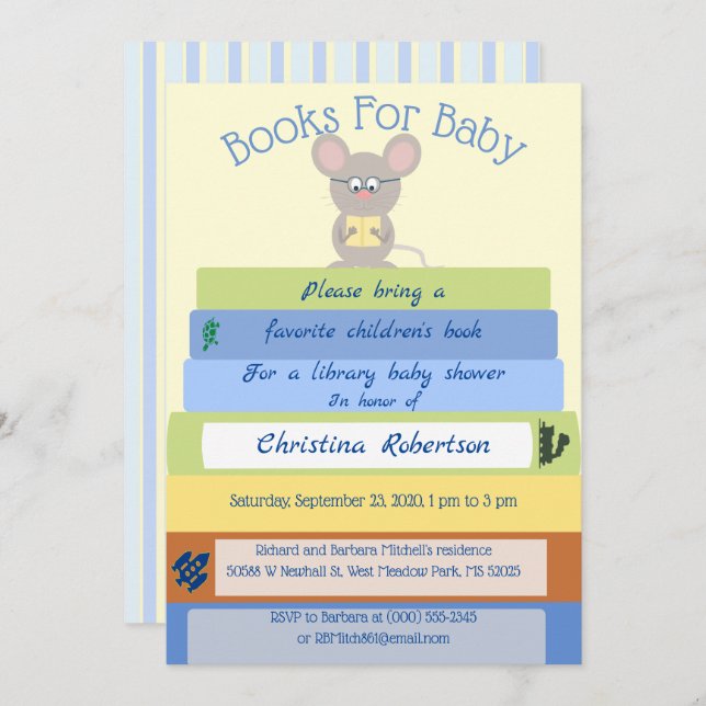 Cute Mouse In Blues Library Baby Shower Invitation (Front/Back)