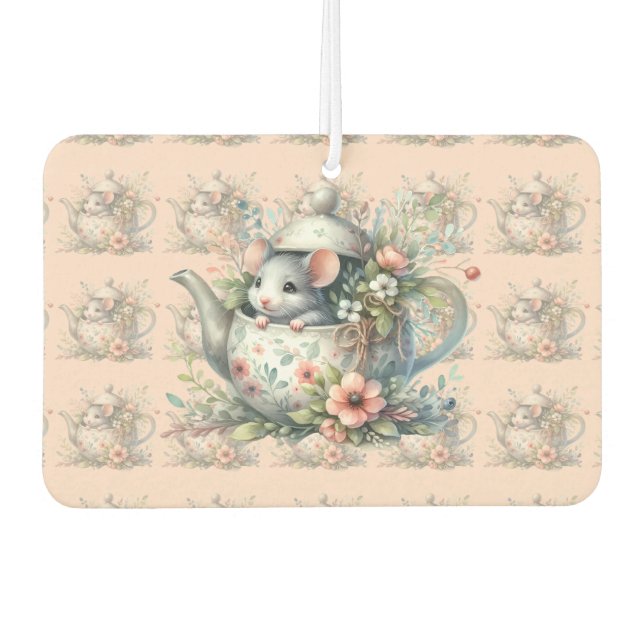 Cute Mouse in Floral Teapot Illustration Air Freshener (Front)