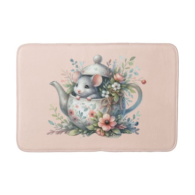 Cute Mouse in Floral Teapot Illustration Bath Mat (Front)