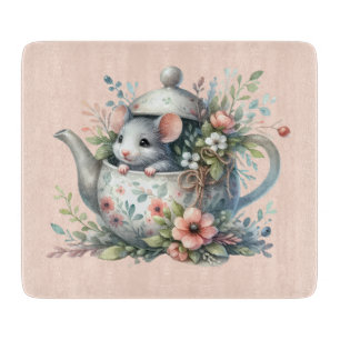 Cute Mouse in Floral Teapot Illustration Cutting Board