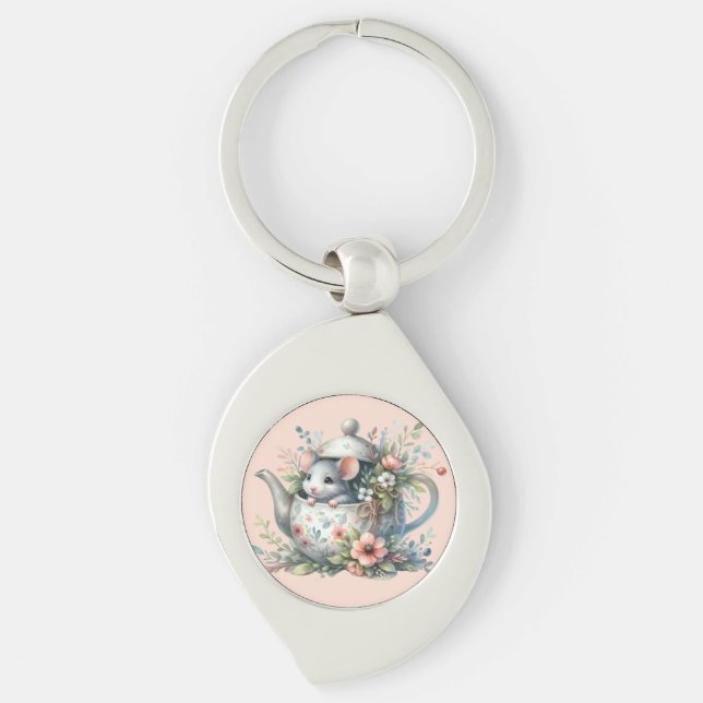 Cute Mouse in Floral Teapot Illustration Keychain (Front)