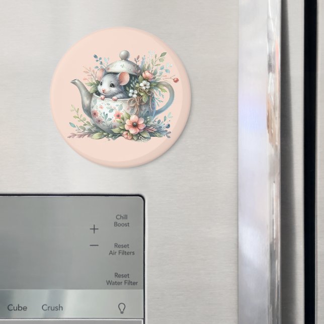 Cute Mouse in Floral Teapot Illustration Magnet (In Situ (Fridge))