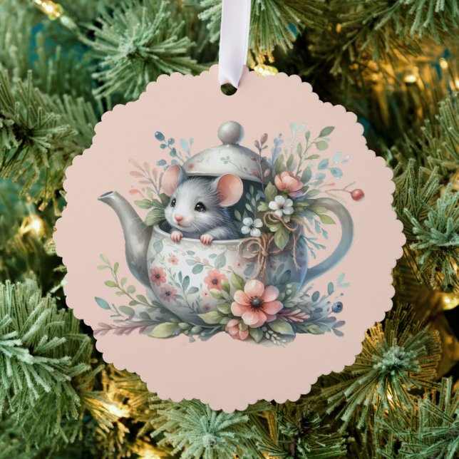 Cute Mouse in Floral Teapot Illustration Ornament Card (Insitu (Tree))