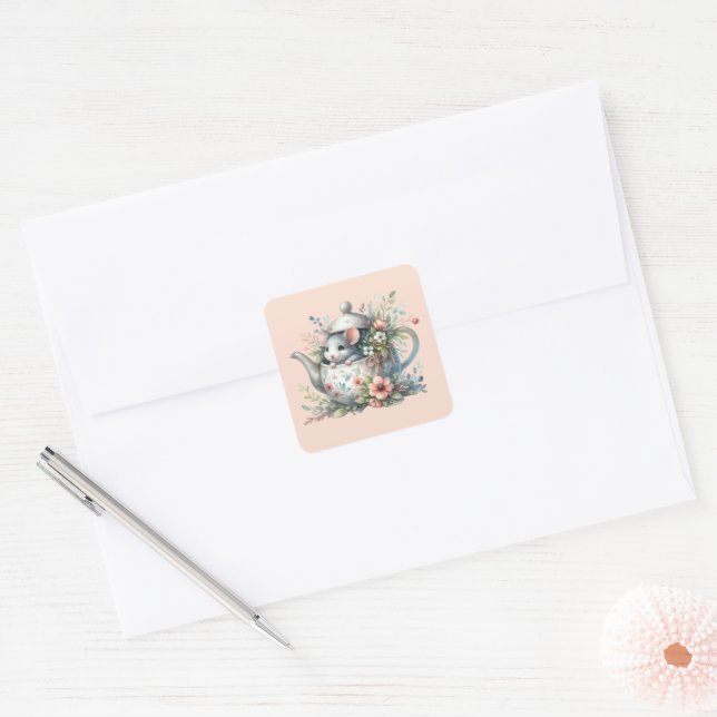 Cute Mouse in Floral Teapot Illustration Square Sticker (Envelope)