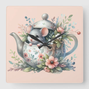 Cute Mouse in Floral Teapot Illustration Square Wall Clock