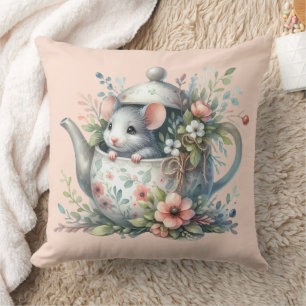 Cute Mouse in Floral Teapot Illustration Throw Pillow