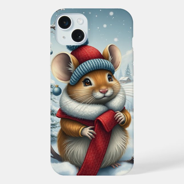 Cute Mouse in Preppy Winter Attire and Hat iPhone Case (Back)