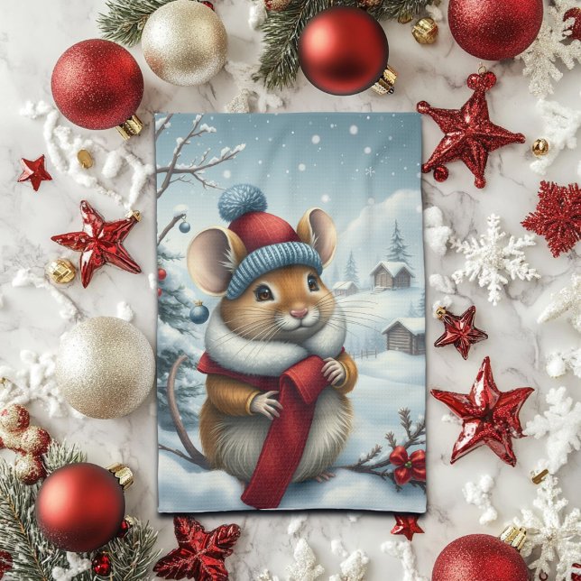 Cute Mouse in Preppy Winter Attire and Hat Winter Kitchen Towel (Creator Uploaded)