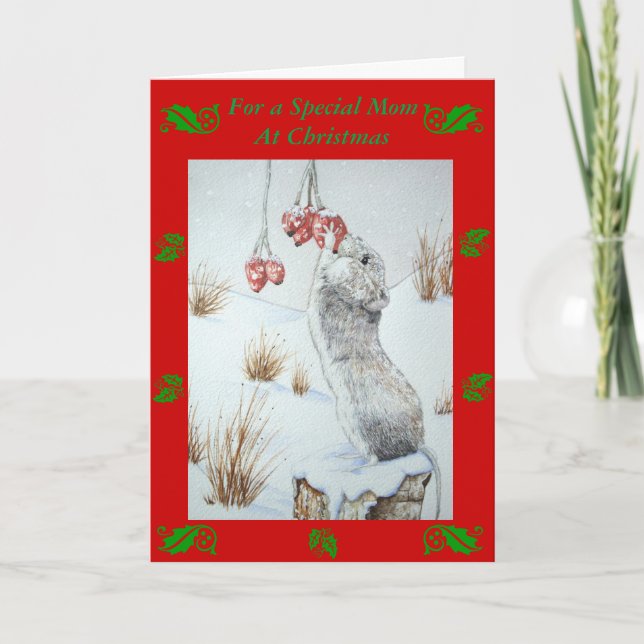 cute mouse in the snow wildlife with verse for mom holiday card (Front)