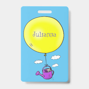 Cute mouse in watering can with balloon cartoon badge