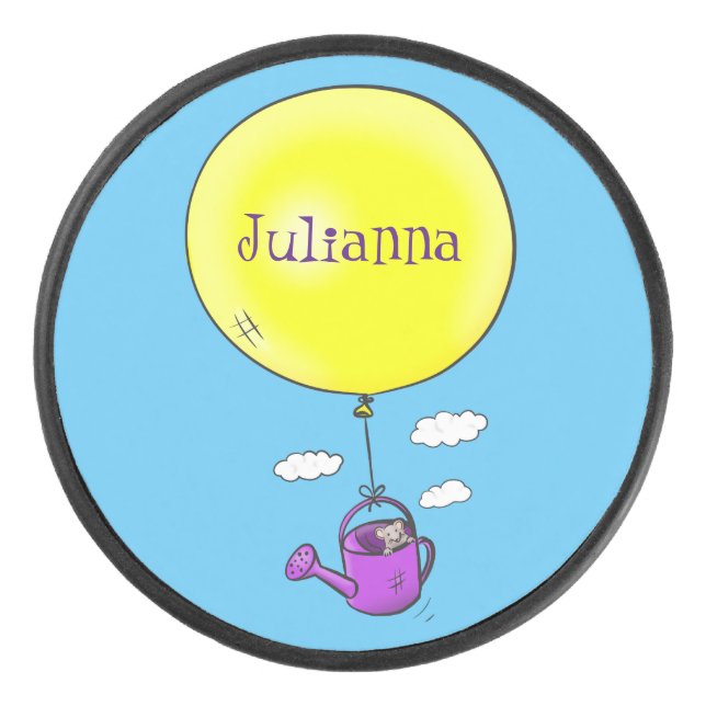 Cute mouse in watering can with balloon cartoon hockey puck (Front)