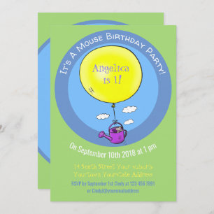 Cute mouse in watering can with balloon cartoon invitation