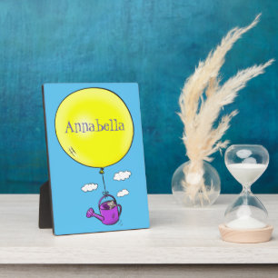 Cute mouse in watering can with balloon cartoon plaque