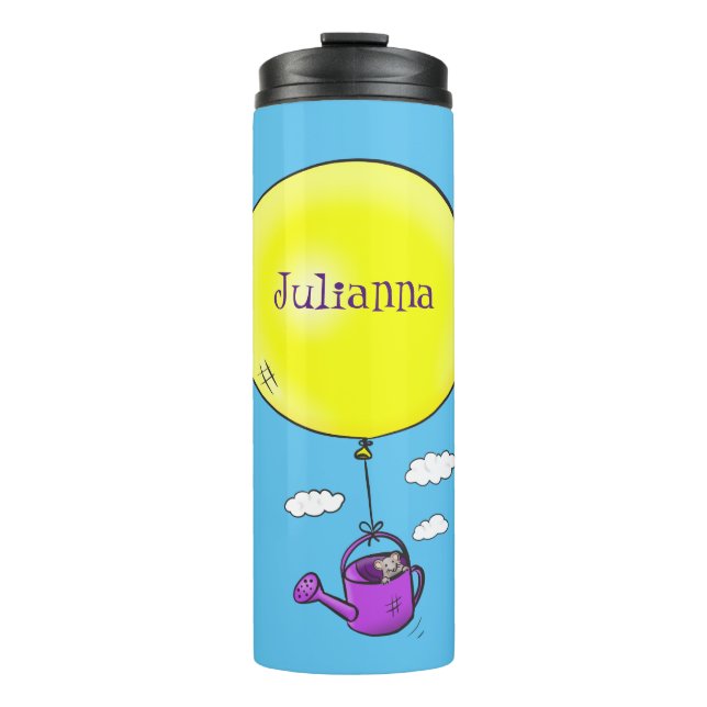 Cute mouse in watering can with balloon cartoon thermal tumbler (Front)