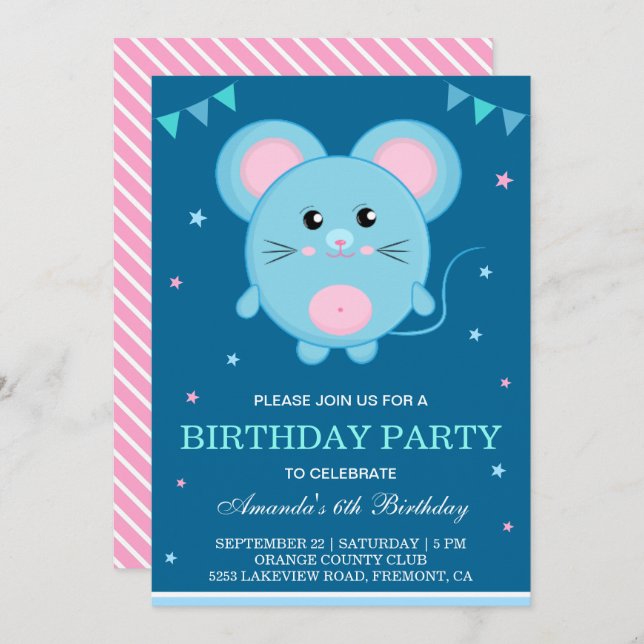 Cute Mouse Kids Birthday Party Invitation (Front/Back)