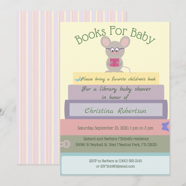 Cute Mouse Library Baby Shower In Pinks Invitation (Front/Back)