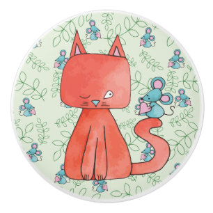 Cute Mouse Loves Kitty Cat Ceramic Knob