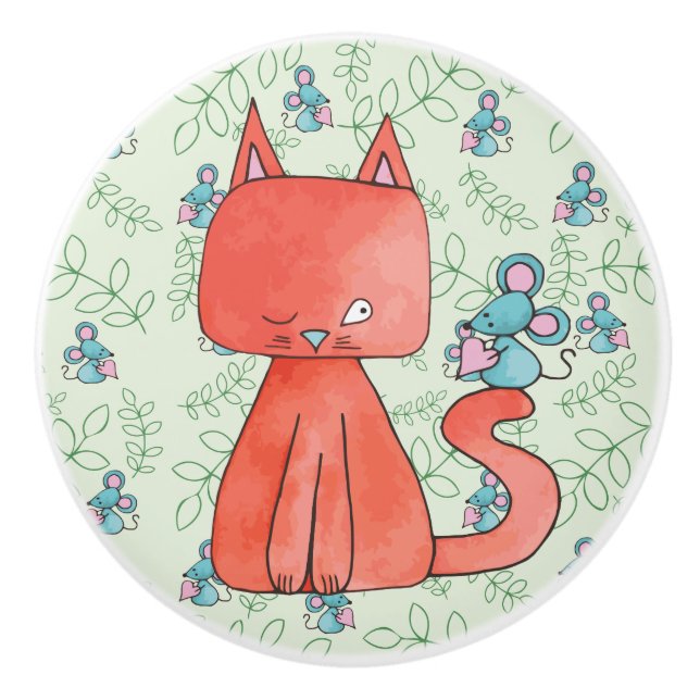 Cute Mouse Loves Kitty Cat Ceramic Knob (Front)