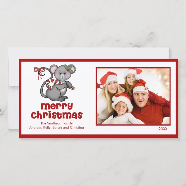 CUTE Mouse Merry Christmas Family Photo Card (Front)