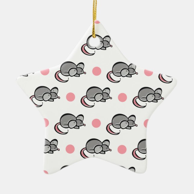 Cute Mouse, Mice, Pink and White Polka Dots Ceramic Ornament (Front)