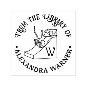 Cute Mouse on Cheese Slide Library Name Initial Self-inking Stamp