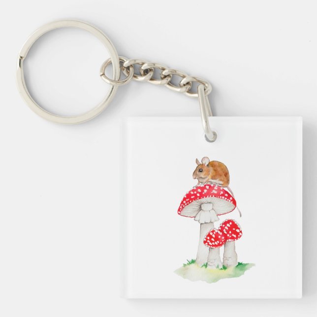 Cute mouse on fly agaric watercolor keychain (Front)