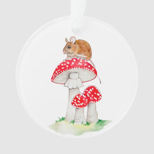 Cute mouse on fly agaric watercolor ornament (Front)