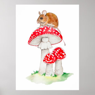 Cute mouse on fly agaric watercolor poster