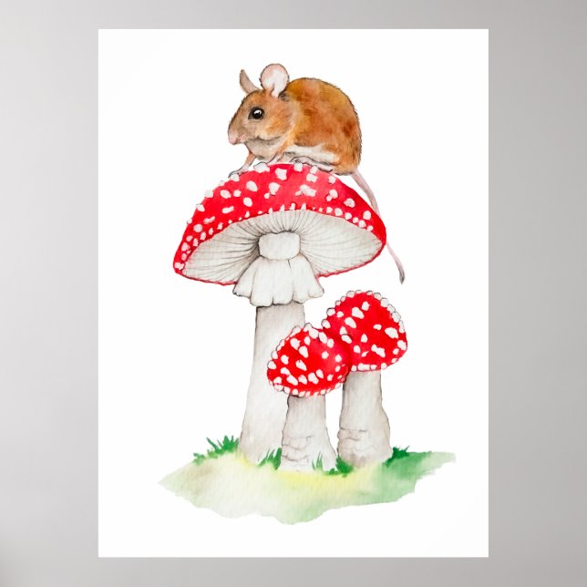 Cute mouse on fly agaric watercolor poster (Front)