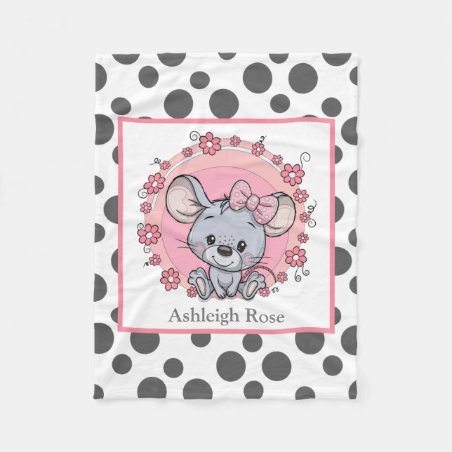 Cute Mouse on Grey/White Dots, personalized Fleece Blanket (Front)