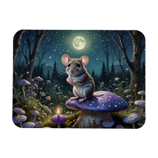 Cute Mouse on Mushroom in Moonlight Magnet (Horizontal)