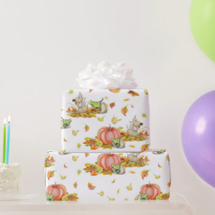 Cute mouse, pumpkins and fall colorful pattern wrapping paper