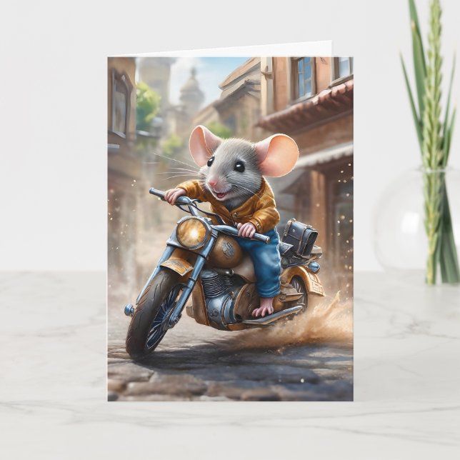 Cute Mouse Riding a Motorcycle Blank Greeting  Card (Front)